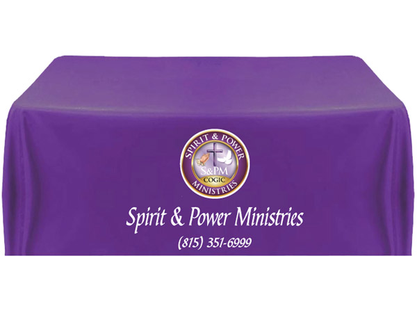 Custom printed table skirt for events in Joliet, Shorewood, and Plainfield Illinois