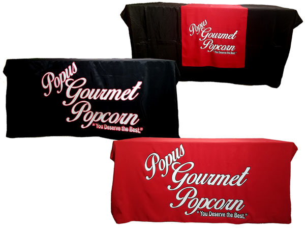 Branded table runner printed for Popus Gourmet Popcorn in Joliet Illinois